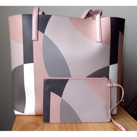 Kate Spade Pink Geometric Reversible Tote Purse Matching Wristlet Cow Leather - Picture 3 of 9